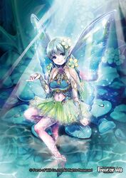  ad_yamada barefoot blue_eyes blue_hair commentary_request copyright_name curly_hair fairy fairy_wings female flower force_of_will hair_flower hair_ornament leaf long_hair navel official_art pointy_ears sitting solo water wings 