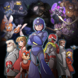  2girls 6+boys abanasosu airman albert_w_wily android arm_canon beard beat_(rockman) blonde_hair blue_eyes blues_(rockman) brown canine capcom closed_mouth cutman earrings hair hat helmet kalinka_cossack labcoat long_hair multiple_boys multiple_girls open_mouth rockman rockman_(character) rockman_(classic) roll rush_(rockman) scarf standing teeth thomas_light white_hair 