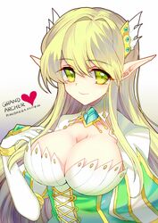  athria blonde_hair breasts cleavage commentary elf elsword female gloves grand_archer_(elsword) green_eyes green_hair hair_ornament large_breasts long_hair pointy_ears rena_erindel smile solo symbol-only_commentary 