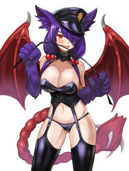  :d absurdres animal_ears animal_hands belt_collar black_hat black_panties black_thighhighs blush breasts claws cleavage collar commentary commission corset dominatrix english_commentary female fingernails garter_straps hair_bobbles hair_ornament hair_over_one_eye hands_up hat highres holding large_breasts long_hair looking_at_viewer low_twintails manticore_(monster_girl_encyclopedia) monster_girl monster_girl_encyclopedia navel oerba_yun_fang open_mouth original panties photoshop_(medium) prehensile_tail purple_hair red_eyes reri_(elh) riding_crop sharp_fingernails simple_background skindentation slit_pupils smile solo sookmo spikes tail thighhighs twintails underwear white_background wings 