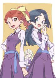  3girls ahoge ascot barbara_parker black_hair blonde_hair blue_eyes blue_sash blush bow brown_hair collared_shirt commentary_request diana_cavendish green_eyes hairbow hanna_england head_on_hand highres little_witch_academia long_hair long_sleeves looking_at_viewer luna_nova_school_uniform multicolored_hair multiple_girls open_mouth pleated_skirt ponytail purple_skirt purple_vest sash school_uniform shirt simple_background skirt smile tama_(tama-s) two-tone_hair vest white_shirt witch yellow_bow 