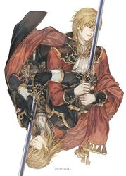  2boys ares_(fire_emblem) aristocratic_clothes ascot black_cape black_coat blonde_hair cape closed_eyes coat commentary eldigan_(fire_emblem) english_commentary father_and_son fire_emblem fire_emblem:_genealogy_of_the_holy_war fire_emblem_heroes holding holding_sword holding_weapon long_hair lucia_(biblyoteka) male_focus medium_hair multiple_boys mystletainn red_coat sash sidelocks simple_background sword weapon yellow_eyes 