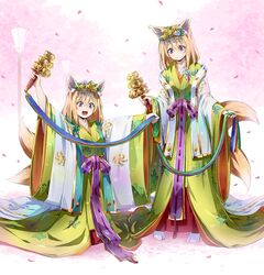  2girls :3 :d animal_ears bell blue_ribbon blush cherry_blossoms commentary eyebrows flower fox_ears fox_tail full_body green_ribbons hair_between_eyes hair_flower hair_ornament hakama hakama_skirt head_tilt holding japanese_clothes jingle_bell kagura_suzu kanzashi karaginu_mo kimono lamppost layered_clothes layered_kimono long_hair multiple_girls multiple_tails obi open_mouth original outdoors outstretched_arms petals purple_eyes ramuya_(lamb) red_ribbon ribbon ribbon-trimmed_clothes ribbon_trim sash skirt smile standing tail white_legwear wide_sleeves yellow_ribbon 