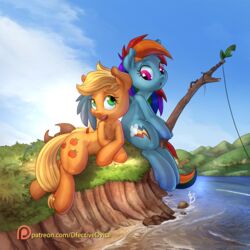  1:1 2016 applejack_(mlp) blonde_hair blue_body blue_fur blue_sky cloud creek cutie_mark day dfectivedvice duo earth_pony equid equine eyelashes feathered_wings feathers female feral field fishing flower friendship_is_magic fur grass green_eyes hair hasbro hi_res hill holding_object hooves horse looking_back lying mammal mane multicolored_hair my_little_pony mythological_creature mythological_equine mythology open_mouth orange_body orange_fur outside pegasus pink_eyes plant pony rainbow_dash_(mlp) rainbow_hair river rock sitting sky teeth text url vest_(artist) water wings 