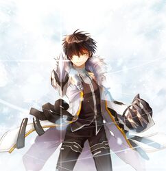  1boy aiming aiming_at_viewer black_hair black_pants black_shirt blade_master_(elsword) claw_(weapon) cloak coat commentary_request cowboy_shot elsword foreshortening fur-trimmed_coat fur_trim glint hair_between_eyes highres legs_apart light_particles looking_at_viewer male_focus malmaron mechanical_arms outstretched_hand pants pointing pointing_at_viewer raven_cronwell scar serious sheath shirt single_mechanical_arm sleeveless sleeveless_shirt solo sparkle standing sword v-shaped_eyebrows weapon white_coat wind yellow_eyes 