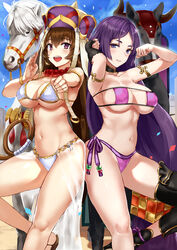  2girls armlet armor armpits bangle beads bikini black_gloves blue_sky blush bracelet breasts brown_hair choker cleavage cloud cloudy_sky commentary_request day earrings elbow_gloves eyepatch_bikini fate/grand_order fate_(series) fingerless_gloves gloves gold_trim greaves hands_up hat hip_focus hoop_earrings horse jewelry jirusu large_breasts leg_up legs long_hair looking_at_viewer low-tied_long_hair md5_mismatch minamoto_no_raikou_(fate) minamoto_no_raikou_(swimsuit_lancer)_(fate) minamoto_no_raikou_(swimsuit_lancer)_(third_ascension)_(fate) multiple_girls navel o-ring open_mouth outdoors outstretched_arm parted_bangs parted_lips prayer_beads purple_bikini purple_eyes purple_hair ring sarong side-tie_bikini_bottom sideboob single_glove sky smile sunlight swimsuit thighs tied_hair very_long_hair white_bikini xuangzang_sanzang_(fate) xuangzang_sanzang_(white_cruising)_(fate) 