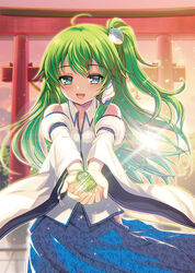  ahoge bare_shoulders blush charm_(object) commentary_request detached_sleeves female frog frog_hair_ornament green_eyes green_hair hair_ornament hair_tubes holding kochiya_sanae kumao_mofumofu long_hair looking_at_viewer one_side_up open_mouth skirt smile solo touhou wide_sleeves 