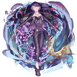  1boy bad_id bad_pixiv_id black_pants divine_gate dragon dual_wielding facing_viewer full_body hair_ornament hairclip highres holding holding_sword holding_weapon jewelry lemming_no_suana magic_circle male_focus necklace pants purple_hair runes solo standing sword weapon 