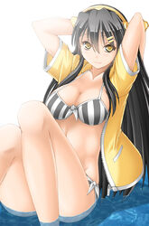  arms_behind_head arms_up bare_legs bikini bikini_under_clothes black_hair blush breasts cleavage closed_mouth collarbone commentary_request eyebrows female front-tie_bikini_top front-tie_top hair_between_eyes hair_ornament hairband hairclip haruna_(kancolle) headgear jacket kantai_collection keito_(keito-ya) knees_up long_hair looking_at_viewer medium_breasts ocean open_clothes open_jacket partially_submerged pocket short_sleeves side-tie_bikini_bottom sitting smile solo striped_bikini striped_clothes swimsuit unzipped vertical-striped_bikini vertical-striped_clothes very_long_hair water white_background yellow_eyes yellow_jacket 