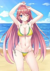  ;) absurdres armpits arms_up ass_visible_through_thighs beach bikini blue_eyes blue_sky breasts cleavage cloud commentary_request contrapposto day female frilled_bikini frills front-tie_bikini_top front-tie_top highres horizon kiukoma large_breasts long_hair looking_at_viewer navel one_eye_closed outdoors pink_hair protected_link sakura_airi shiny_skin side-tie_bikini_bottom sky smile solo standing swimsuit very_long_hair yellow_bikini youkoso_jitsuryoku_shijou_shugi_no_kyoushitsu_e 