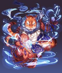  1boy animal_focus bad_id bad_pixiv_id blue_scarf dragon_poker feline foreshortening full_body furry furry_male green_eyes highres lemming_no_suana open_mouth scarf solo tiger_boy 