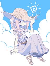  dress female hair_over_one_eye hat ica_tm little_witch_academia long_hair looking_at_viewer pale_skin pink_hair protected_link purple_hair red_eyes simple_background smile solo sucy_manbavaran sundress 