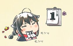  ahoge black_hair black_serafuku blush braid calendar_(object) chewing chibi closed_eyes closed_mouth collar commentary_request female flower hair_between_eyes hair_flaps hair_ornament hair_ribbon kantai_collection koppa_mijinko_(series2023) long_hair paper ribbon school_uniform serafuku shigure_(kancolle) shigure_kai_ni_(kancolle) simple_background single_braid solo 