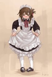  alternate_costume apron black_dress blush commentary_request dress enmaided female frills inazuma_(kancolle) kantai_collection kuro4221 maid maid_apron maid_headdress mary_janes pantyhose puffy_sleeves shoes simple_background solo waist_apron white_apron white_pantyhose 