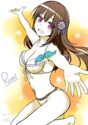  :d alpha_(yukai_na_nakamatachi) bikini boku_no_hitori_sensou breasts brown_hair cleavage commentary_request dated female front-tie_top inuzuka_rumi jpeg_artifacts medium_breasts navel open_mouth outstretched_arms outstretched_hand red_eyes smile solo spread_arms swimsuit white_bikini 