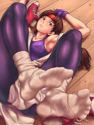  armpits breasts brown_eyes brown_hair commentary_request covered_nipples dougi feet female fingerless_gloves foreshortening gloves headband highres lips long_hair looking_at_viewer lying maku_(l-u) medium_breasts on_back parted_bangs parted_lips purple_gloves purple_socks red_footwear red_headband ribbed_legwear ryuuko_no_ken shoes sneakers socks soles solo spandex sweat the_king_of_fighters unworn_shoes unworn_socks white_socks wooden_floor yuri_sakazaki 