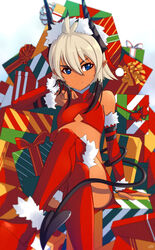  bare_shoulders blue_eyes box bridal_gauntlets christmas commentary_request crop_top dark-skinned_female dark_skin demon_girl demon_tail female gift gift_box grey_hair hell_machina highres horns looking_to_the_side midriff miniskirt multicolored_hair original photoshop_(medium) pointy_ears red_thighhighs sitting skirt smile solo tail thighhighs two-tone_hair 