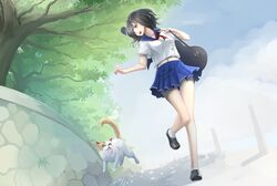  black_hair brown_eyes collarbone commentary day english_commentary feline female highres instrument_case kikivi loafers looking_to_the_side open_mouth original outdoors running school_uniform shoes short_hair socks solo tree 