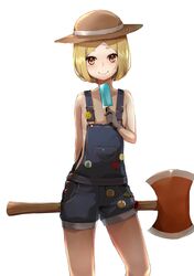  absurdres arm_behind_back axe badge blonde_hair brown_eyes commentary_request cowboy_shot fate/grand_order fate_(series) female food gloves hat highres looking_at_viewer mugcup naked_overalls overalls paul_bunyan_(fate) paul_bunyan_(third_ascension)_(fate) popsicle short_hair shorts simple_background smile smiley_face solo straw_hat weapon white_background 