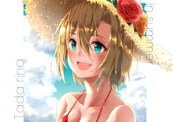  :d bikini blonde_hair blue_eyes breasts character_name cleavage collarbone commentary_request female flower hair_between_eyes hat hat_flower hidaka_kouyou highres idolmaster idolmaster_cinderella_girls looking_up medium_breasts open_mouth portrait red_bikini red_flower rose short_hair smile solo straw_hat summer sun_hat swimsuit tada_riina yellow_hat 