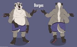  4_arms 4_nipples 4_pecs american_badger anthro badger belly black_nose borges_(aoba) boxers_(clothing) claws clothed clothing front_view full-length_portrait fur kobi_lacroix male mammal model_sheet moobs multi_arm multi_limb multi_nipple multi_pecs multiple_angles mustelid musteline nipples pecs portrait rear_view simple_background slightly_chubby smile smirk solo text toe_claws topless underwear 