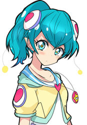  :t alternate_hairstyle antennae blue_eyes blue_hair blush closed_mouth commentary_request female hagoromo_lala haru_(nature_life) high_ponytail jacket jewelry looking_at_viewer necklace pointy_ears ponytail pout precure shirt short_hair simple_background solo star_(symbol) star_in_eye star_twinkle_precure symbol_in_eye upper_body white_background white_shirt yellow_jacket 