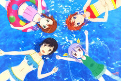  4girls :d \o/ absurdres akasaka_anna arms_up ass_visible_through_thighs bare_shoulders bikini bikini_skirt black_hair blue_eyes blush breasts brown_eyes brown_hair casual_one-piece_swimsuit collarbone company_name frilled_bikini frilled_one-piece_swimsuit frills green_eyes green_one-piece_swimsuit hair_between_eyes hair_ribbon hands_on_own_stomach highres holding holding_swim_ring ichijou_hotaru innertube kimura_minori koshigaya_komari koshigaya_natsumi light_purple_hair long_hair looking_at_viewer magazine_scan medium_breasts miyauchi_renge mori_haruka multiple_girls navel newtype non_non_biyori official_art one-piece_swimsuit onoda_masahito open_mouth orange_hair outstretched_arms pink_bikini print_innertube red_eyes red_innertube ribbon scan smile striped_bikini striped_clothes swim_ring swimsuit tongue twintails water watermark white_bikini yellow_ribbon 