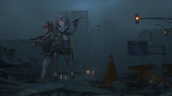  2girls absurdres aegisfate assault_rifle bag black_legwear blue_eyes commentary grey_hair gun h&amp;k_hk416 heckler_&amp;_koch highres kriss_vector leopard_2 military military_vehicle motor_vehicle multiple_girls orange_eyes original photoshop_(medium) red_hair rifle shoes shorts submachine_gun tank thighhighs weapon white_legwear 