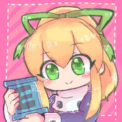  blonde_hair blush energy_tank eyebrows_visible_through_hair female green_eyes green_ribbons hair_between_eyes hair_ribbon high_ponytail holding long_hair long_sleeves lowred ponytail rairai00 rockman rockman_(classic) rockman_8 roll sidelocks smile solo 