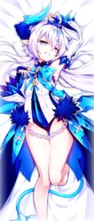  :d armpits bare_legs bare_shoulders barefoot bed_sheet blue_eyes blue_horns commentary_request detached_sleeves elsword female highres horns long_hair luciela_r._sourcream noblesse_(elsword) oerba_yun_fang open_mouth pointy_ears poseich smile solo symbol-shaped_pupils tail thick_eyebrows twintails white_hair 