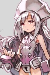  bow chastity_belt expressionless female grey_background hat hungry_clicker iron_maiden_jeanne lock long_hair pink_eyes shaman_king sleeveless solo white_hair 