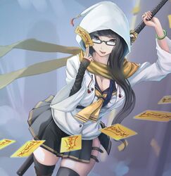  :p arm_up arm_warmers black_eyes black_hair bracelet breasts cleavage commentary_request dutch_angle female glasses holding holding_sword holding_weapon hood hood_up hooded_jacket jacket jewelry kikivi large_breasts long_hair looking_at_viewer ofuda original pleated_skirt school_uniform serafuku side_slit skirt solo sword talisman thigh_strap thighhighs tongue tongue_out weapon 