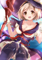  :d black_thighhighs blonde_hair breasts brown_eyes cleavage collarbone commentary_request djeeta_(granblue_fantasy) dress female gloves granblue_fantasy hat highres holding holding_staff large_breasts looking_at_viewer nanaume_(shichimi_tougarashi) open_mouth panties pantyshot puffy_short_sleeves puffy_sleeves short_hair short_sleeves smile solo staff tareme thighhighs underwear warlock_(granblue_fantasy) white_gloves white_panties witch_hat 