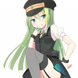  :q alina_gray blush eyebrows_visible_through_hair female female fishnet_legwear fishnets garter_straps green_hair hand_up hat kyabechi leg_up long_hair looking_at_viewer magia_record:_mahou_shoujo_madoka_magica_gaiden mahou_shoujo_madoka_magica simple_background solo thighhighs tongue tongue_out white_background wristband 