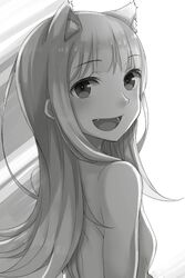  :d animal_ears ayakura_juu blunt_bangs breasts female greyscale highres long_hair looking_at_viewer looking_back monochrome myuri_(spice_and_wolf) non-web_source novel_illustration nude oerba_yun_fang official_art open_mouth shinsetsu_spice_and_wolf sideboob simple_background small_breasts smile solo spice_and_wolf upper_body white_background wolf_ears 