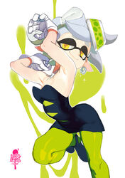  +_+ ankle_boots armpits arms_up artist_name black_boots black_dress boots brekkist detached_collar domino_mask dress earrings eyebrows eyes female gloves green_legwear grey_hair hair_accessory half-closed_eyes hotaru_(splatoon) jewelry knees_up looking_at_viewer mask object_on_head paint_splatter pointy_ears short_dress short_eyebrows short_hair simple_background sleeveless smile solo splatoon standing sushi tentacle_hair white_background white_gloves yellow_eyes 