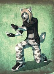  anthro canid canine clothed clothing female fingerless_gloves gloves handwear hi_res hitmore jewelry knife koul_fardreamer looking_at_viewer mammal navel necklace simple_background smile solo 