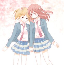  2girls blonde_hair closed_eyes couple flower flowery_background hair_ornament hand_holding happy interlocked_fingers long_hair looking_at_another multiple_girls pink_eyes pink_hair sakura_trick school_uniform short_hair simple_background smile sonoda_yuu takayama_haruka tsukasa twintails uniform yuri 