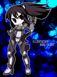  :&lt; binoculars black_eyes black_hair breasts commentary_request copyright_name covered_navel female full_body hand_on_own_hip hand_up holding legs_apart leila_hagitsuki long_hair looking_at_viewer navel osaragi_mitama ponytail silent_scope silent_scope_bone-eater solo standing 