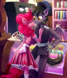  2018 absurd_res amber_eyes anthro anthrofied bat_pony bat_wings blush candy candy_store canon_x_oc clothing dessert dress duo equid equine fan_character female food friendship_is_magic hasbro hi_res horse kissing male male/female mammal membrane_(anatomy) membranous_wings my_little_pony pinkie_pie_(mlp) pony pupils romuald_nocturne_(oc) slit_pupils taneysha uniform wings 