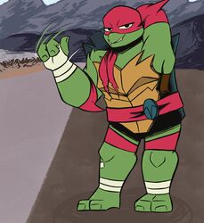  2018 alligator_snapping_turtle anthro bandana belt clothed clothing feet foot_wraps half-closed_eyes hand_behind_head hand_wraps hi_res inkyfrog kerchief looking_at_viewer male mask motion_lines narrowed_eyes outside raphael_(rottmnt) raphael_(tmnt) reptile rise_of_the_teenage_mutant_ninja_turtles scalie shell smile smirk snapping_turtle solo spikes teenage_mutant_ninja_turtles turtle wraps 