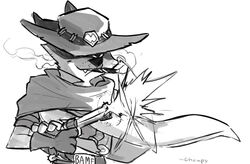  2016 anthro blizzard_entertainment canid canine chumpy cigar clothing cole_cassidy cosplay disney fox fur gloves greyscale gun handgun handwear hat headgear headwear holding_gun holding_object holding_ranged_weapon holding_weapon male mammal monochrome muzzle_flash nick_wilde overwatch ranged_weapon red_fox revolver shooting simple_background smoke smoking solo true_fox weapon white_background zootopia 