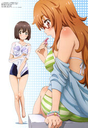  2girls absurdres bikini blush bob_cut bracelet brown_eyes brown_hair competition_school_swimsuit covering_crotch covering_privates from_behind glasses highres jewelry kono_bijutsubu_niwa_mondai_ga_aru! legs long_hair megami_magazine multiple_girls non-web_source official_art one-piece_swimsuit polka_dot polka_dot_background profile school_swimsuit shirt short_hair smile striped_bikini striped_clothes swimsuit t-shirt tachibana_yumeko usami_mizuki very_long_hair wet wet_clothes wet_shirt whistle white_shirt 