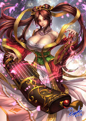  2016 artist_name bare_shoulders breasts brown_eyes brown_hair chinese_clothes cleavage closed_mouth commentary_request detached_sleeves earrings female fingernails guqin_sona hagoromo hanfu head_tilt huge_breasts instrument jewelry large_breasts league_of_legends long_fingernails long_hair long_sleeves looking_at_viewer low_neckline music nail_polish necklace off_shoulder pink_eyes playing_instrument red_nails ryuki@maguro-ex sash sharp_fingernails shawl signature solo sona_(league_of_legends) standing twintails very_long_hair wide_sleeves 