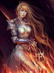  armor armored_dress breasts commentary expressionless fantasy female knight light_brown_hair lilaccu long_hair looking_at_viewer medium_breasts orange_eyes photoshop_(medium) solo standing vambraces very_long_hair warrior 