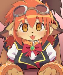  2017 5:6 anthro arm_support big_eyes big_head blush breast_rest breasts canid canine class_of_heroes cleavage clothed clothing collar cute_fangs dagasi dress dwarf_(coh) eyewear eyewear_on_head female female_anthro fist footwear front_view fur goggles goggles_on_head gradient_background hair hi_res inner_ear_fluff leaning_on_elbow looking_at_viewer lying mammal on_front orange_eyes orange_hair pink_background ribbons simple_background smile solo tan_body tan_fur tongue tongue_out tuft 