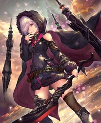  bare_shoulders boots cape castle choker cloud cygames female finger_to_mouth floating floating_object fur_trim grin hair_over_one_eye hood hood_up hoodie official_art shadowverse shingeki_no_bahamut smile sword tachikawa_mushimaro thighhighs weapon white_hair wizardess_of_oz yellow_eyes 