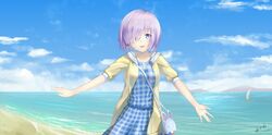  beach blush breasts commentary_request day fate/grand_order fate_(series) female hair_over_one_eye highres large_breasts looking_at_viewer mash_kyrielight mash_kyrielight_(senpai_killer_outfit) official_alternate_costume open_mouth outdoors purple_eyes purple_hair short_hair short_sleeves smile solo yeh_(354162698) 