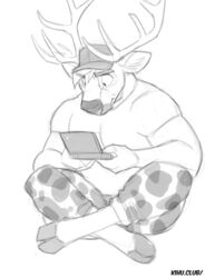  2018 absurd_res anthro biceps biped bottomwear cameo clothed clothing cloven_hooves deer electronics game_console greyscale hat headgear headwear hi_res hooves horn kihu male mammal monochrome muscular muscular_anthro muscular_male nintendo nintendo_ds nintendo_ds_family pants shirt simple_background sitting solo t-shirt topwear white_background 