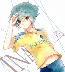  1boy bibe_masa blue_hair commentary_request highres hiura_kirina inazuma_eleven_ares_no_tenbin male_focus navel purple_eyes soccer_uniform solo sportswear 